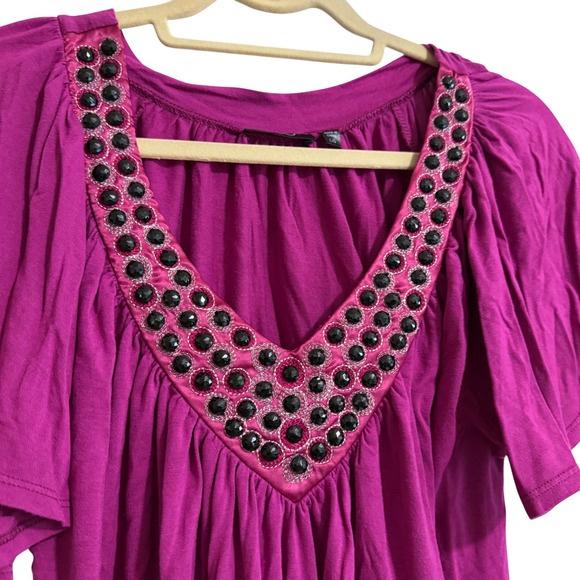 FYLO Womens Magenta Embellished V-Neck Flutter Sleeve Tunic Top Size Large - Picture 4 of 6